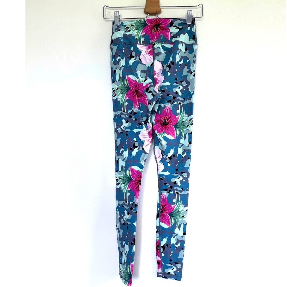 SPIRITUAL GANGSTER vibrant floral hibiscus pink green athletic tight leggings - Picture 6 of 6
